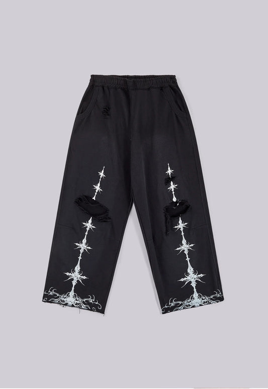 Cross Distressed Sweat Pants - Black
