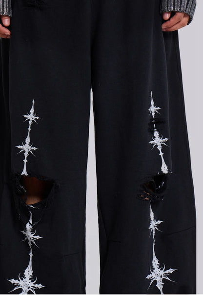 Cross Distressed Sweat Pants - Black