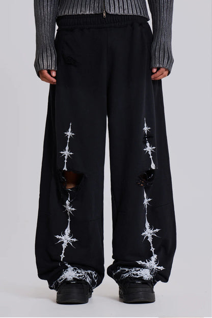 Cross Distressed Sweat Pants - Black