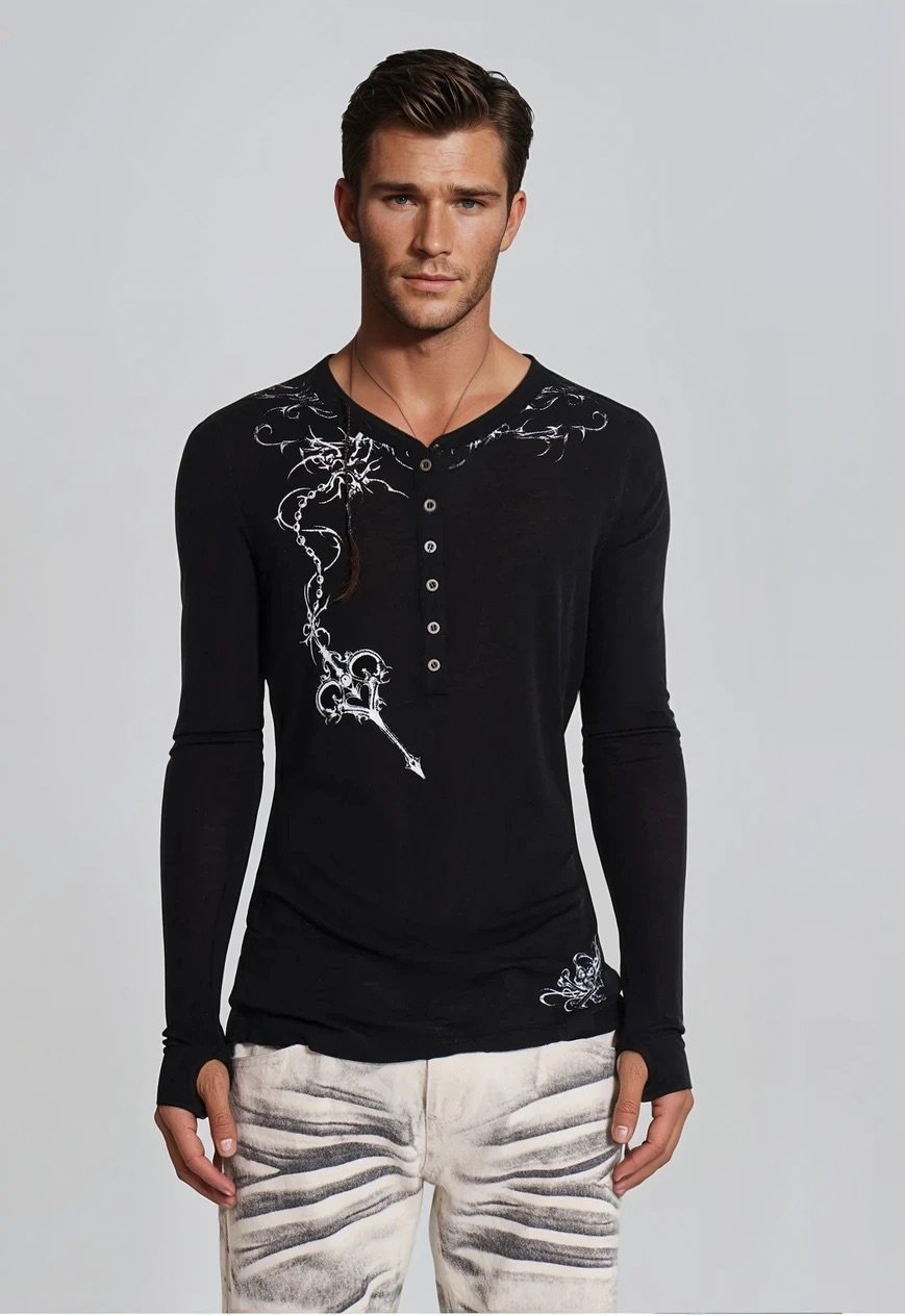 Letter Henley T-shirt - Black